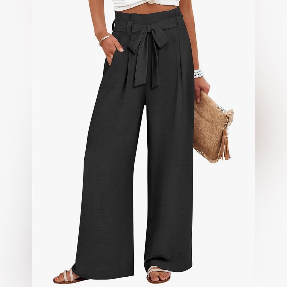 Black Wide Leg High-Waisted Pants with Tie-Waist
